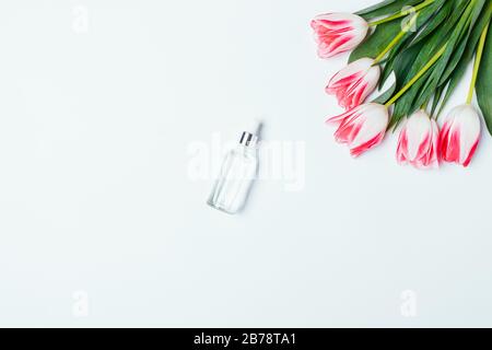Cosmetic moisturizing serum in bottle with pipette next to bouquet of fresh tulips on white background, view from above. Stock Photo