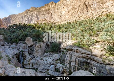 Wadi Tiwi real water spring and waterfall, Oman - Water spring, waterfall and eroded canyon surrounded by palm trees oasis in Oman. Stock Photo
