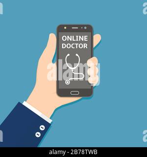 Hand holding smartphone with online doctor app on screen. Healthcare mobile service concept. Vector illustration in flat style Stock Vector