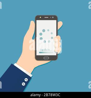 Hand holding smartphone with update loading process, vector illustration, flat design Stock Vector