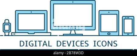 Modern flat color line responsive web design icons: computer screen, laptop, smartphone, tablet, smartwatch Stock Vector