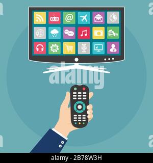 Hand holding remote control and smart tv with apps icons on screen Stock Vector