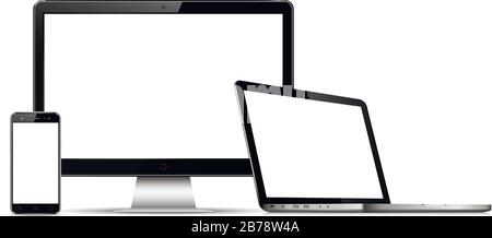 Computer monitor, laptop and mobile phone with blank screen Stock Vector