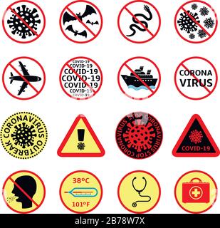 COVID-19 attention signs set. Coronavirus icons. Prohibition and warning signs Stock Vector