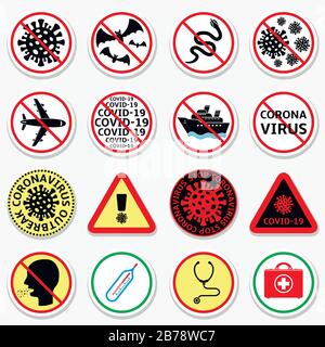 Coronavirus COVID-19. Set of prohibition and warning signs. Biohazard danger alert stickers Stock Vector