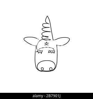 Head of unicorn, hand drawn with continuous line cute sketch of baby animal, vector illustration Stock Vector