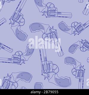 Seamless pattern with drawn monochrome blue contour revolvers in random order Stock Vector