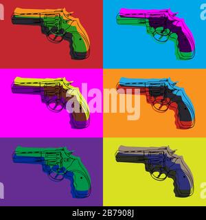 Bright colorful psychedelic seamless pattern with six contour revolvers in pop style Stock Vector