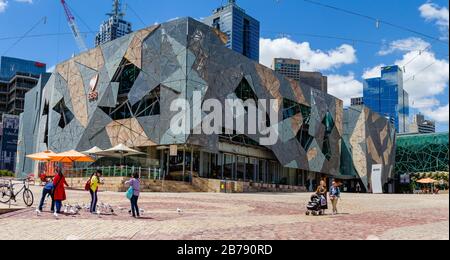 ACMI (Australian Centre for the Moving Image) modern architecture building beside Federal Square, Melbourne, Australia Stock Photo