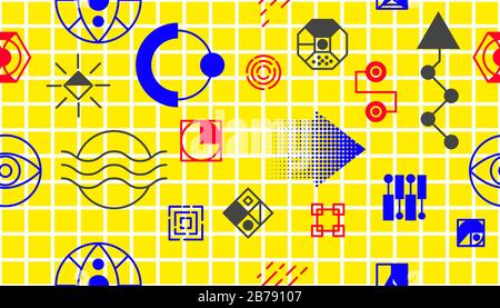 Memphis shapes on yellow background. Seamless vector pattern. Memphis pattern background. Vintage pattern. Retro fashion style 80s. Texture with grid Stock Vector