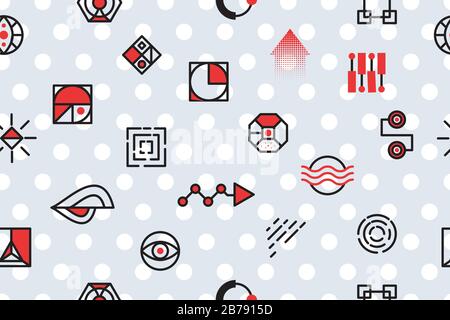 Hipster illustration on gray background. Repeat design element. Memphis modern minimal geometric pattern. Textile design texture. Banner, poster template. Ornament illustration. Stock Vector