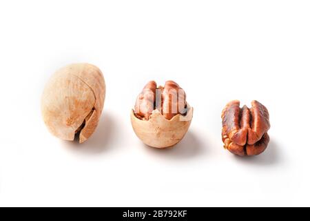 Set of three pecans in the center in a shell, peeled and without a shell isolated on a white background in a row. Close-up, top view Stock Photo