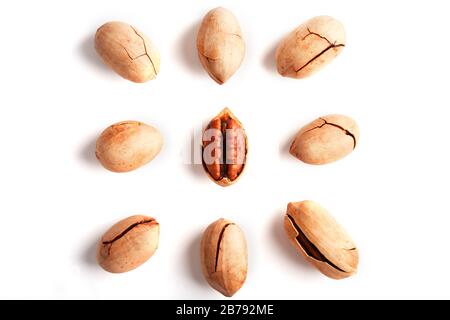 Set of peeled pecans in the center surrounded by nuts in the shell, isolated on a white background, square composition. Close-up, top view Stock Photo
