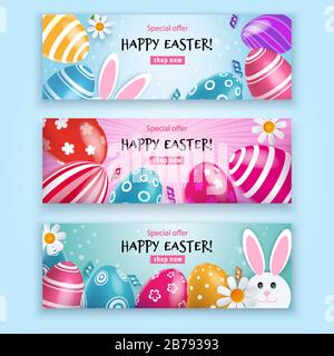 Easter Beautiful Banner. Multicolored Easter eggs with bunny and chamomiles Stock Vector