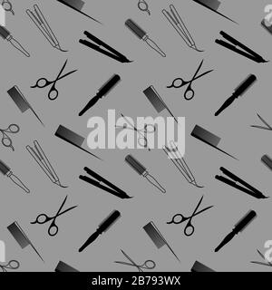 Simple seamless pattern with black silhouettes and contours of barber tools on grey background: round comb, hairbrush, scissors and hair iron Stock Vector