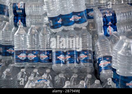 Emergency supplies of bottled water in Kirkby Stephen, Cumbria, after a water mains pipeline failed. Stock Photo