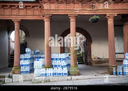 Emergency supplies of bottled water in Kirkby Stephen, Cumbria, after a water mains pipeline failed. Stock Photo