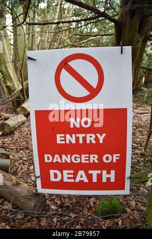 No entry danger of death sign at Crawford Priory near Cupar, Fife, Scotland. Derelict abandoned 19th century gothic mansion. Stock Photo