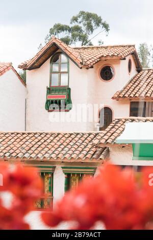 Duitama, Boyaca / Colombia; April 9, 2018: Beautiful house in Pueblito Boyacense, a picturesque tourist spot with quiet streets and traditional facade Stock Photo