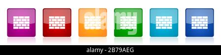 Firewall icon set, colorful square glossy vector illustrations in 6 options for web design and mobile applications Stock Vector