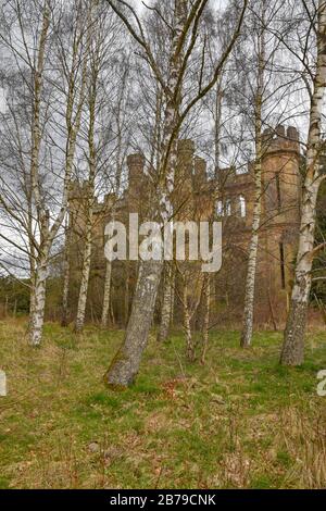 Abandoned and derelict Crawford Priory near Cupar, Fife, Scotland, UK. This is an old gothic style mansion. Stock Photo