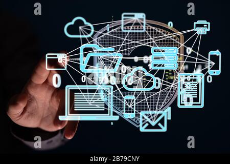A Data sorting flow process. Big data stream futuristic infographic. Stock Photo