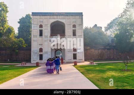 Indian schoolgirls near the Humayun's Tomb gate, New Dehli, India Stock Photo