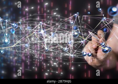 A Molecules technology with polygonal shapes on dark blue background. Stock Photo