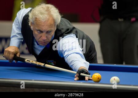 WROCLAW, POLAND - JULY 29, 2017: Billiard sports during the The World Games 2017. Marco Zanetti   during 4 ball billiard match with Daniel Sanchez. Stock Photo