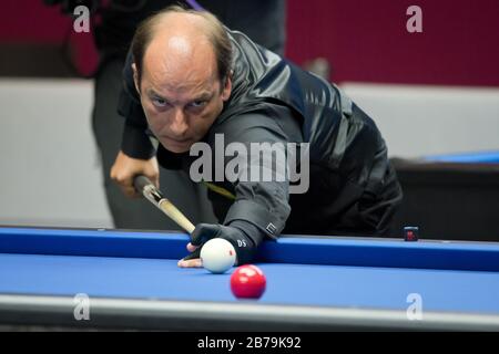 WROCLAW, POLAND - JULY 29, 2017: Billiard sports during the The World Games 2017. Daniel Sanchez  during 4 ball billiard match with  Marco Zanetti.