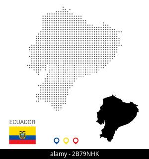 Dotted vector map of Ecuador. Round gray spots. Equador map with national flag and map icons. Black silhouette Stock Vector