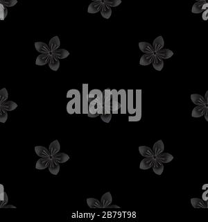 pattern with black paper flower on black background. Flat lay, top view, view from above. Photographic collage and seamless pattern Stock Photo