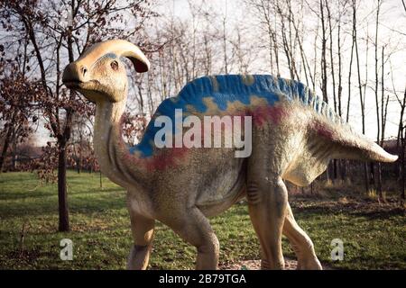 LUBIN, POLAND - DECEMBER 11, 2017 - Realistic model of dinosaur parasaurolophus in Park Wroclawski. Park is well known tourist attraction for children Stock Photo
