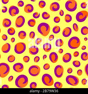 Animal inspired print neon orange spots and purple textured tails like elements on bright yellow contrasting background seamless surface pattern. Stock Vector