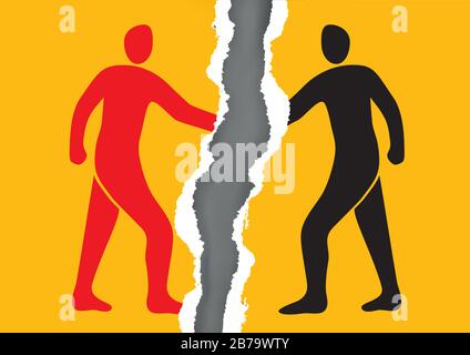 No Handshake,risk of Corona virus transmission. Torn yellow paper with two male silhouettes hand shaking at a meeting. Vector available. Stock Vector