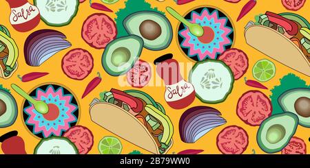 Taco with veggies. Tomato, avocado, hot pepper, cucumber, onion, lettuce, lime. A jar of salsa and a colourful plate in a Mexican style with a spoon. Stock Vector