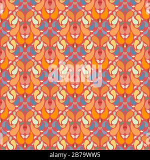 Retro colored vector seamless repeating surface pattern with paisley in warm orange tones paired with cooler hues creates a blast from the past. Stock Vector
