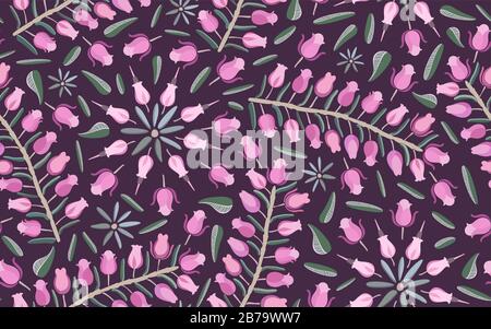 Small pinkish purplish roses like flowers on branches & arranged in circles with little green leaves on the darker contracting background eps pattern. Stock Vector