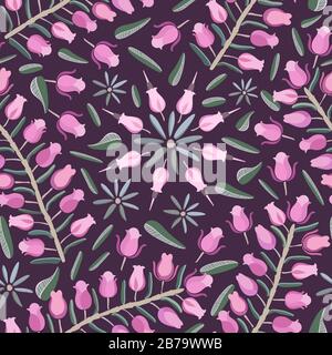 Small pinkish purplish roses like flowers on branches & arranged in circles with little green leaves on the darker contracting background eps pattern Stock Vector