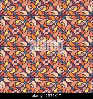 Retro paisley kaleidoscope, symmetrical repeating surface vector pattern with paisley muted multi-coloured shapes of various sizes. Stock Vector