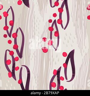 Leaves and berries botanical vector drawing a seamless pattern with striped texture background. For wallpaper, fabric, scrapbooking, packaging, decor. Stock Vector