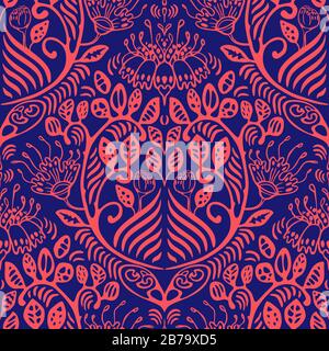 Hand-drawn imaginary flowers and leaves in the Art Nouveau style. Trendy saturated orange and blue hues. Pops of bright colours easily catch the eye. Stock Vector