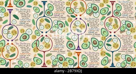 The Doctor of Future – integrative, alternative medicine theme concept.  Seamless vector pattern with a stethoscope, healthy foods and quoted text. Stock Vector