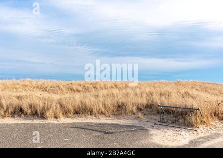 empty bicycle rack at the beach at Two Mile Hollow Beach, East Hampton, NY Stock Photo