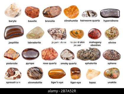 set of various brown gemstones with names ( bronzite, pietersite ...