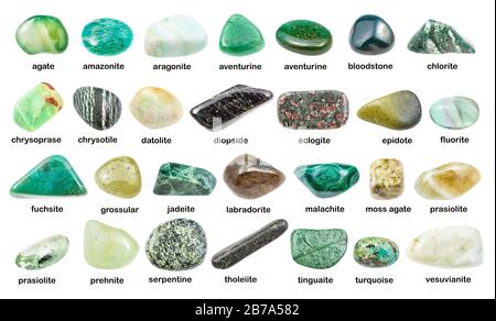 set of various green gemstones with names (chrysotile, chlorite, malachite, prehnite, chrysoprase, grossular, prasiolite, jadeite, labradorite, vesuvi Stock Photo