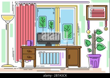Line style Freelance workplace in living room interior. Modern vector illustration Stock Vector
