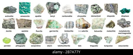 set of various green rough stones with names (labradorite, chrysotile, fluorite, tinguaite, phonolite, carbonatite, apatite, glaucophane, skarn, kimbe Stock Photo