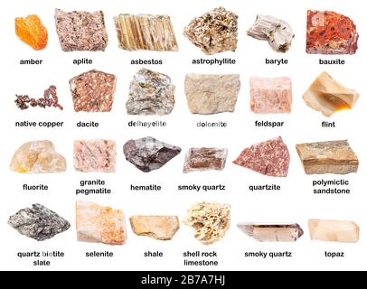 set of various unpolished minerals with names (delhayelite, copper, flint, selenite, brown, dacite, dolomite, sandstone, quartzite, baryte, hematite, Stock Photo