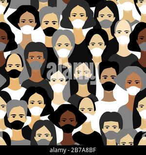 Coronavirus pandemic. Novel coronavirus (2019-nCoV), people in white medical face mask. Concept of coronavirus quarantine vector illustration. Seamles Stock Vector
